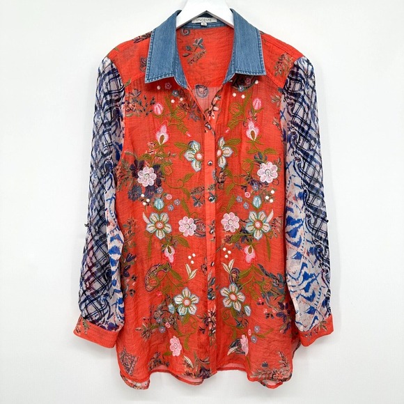 Vince Tops - Vincente Tunic Top Shirt Blouse Size Small Embroidered Sheer Button Up Boho